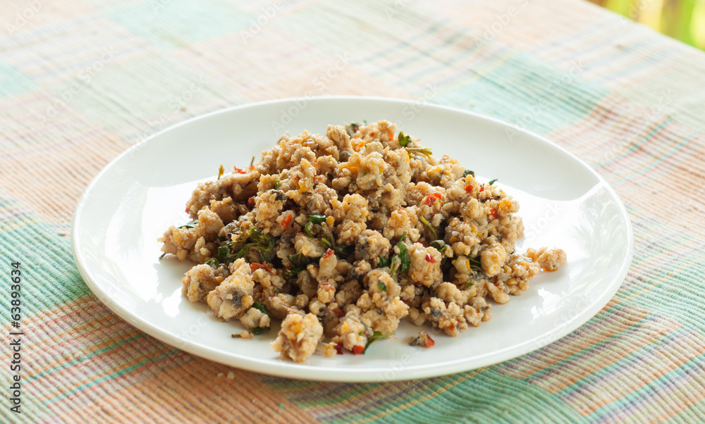Thai spicy food , fried fish with sweet basil Thai spicy food , fried fish with sweet basil