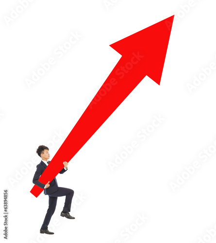 businessman walking and holding a upward red arrow