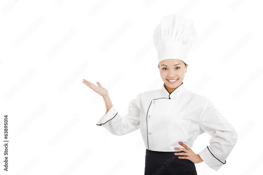 professional female cook raise hands to show something professional female cook raise hands to show something