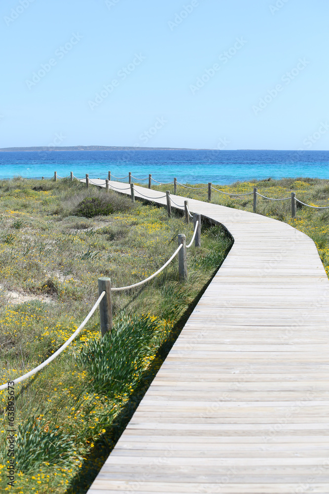 Wooden pathway going to beach of Formentera island