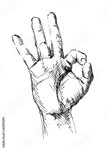 Drawing of hand with a gesture ok. Vector illustration
