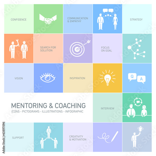 vector mentoring and coaching icons and pictograms set