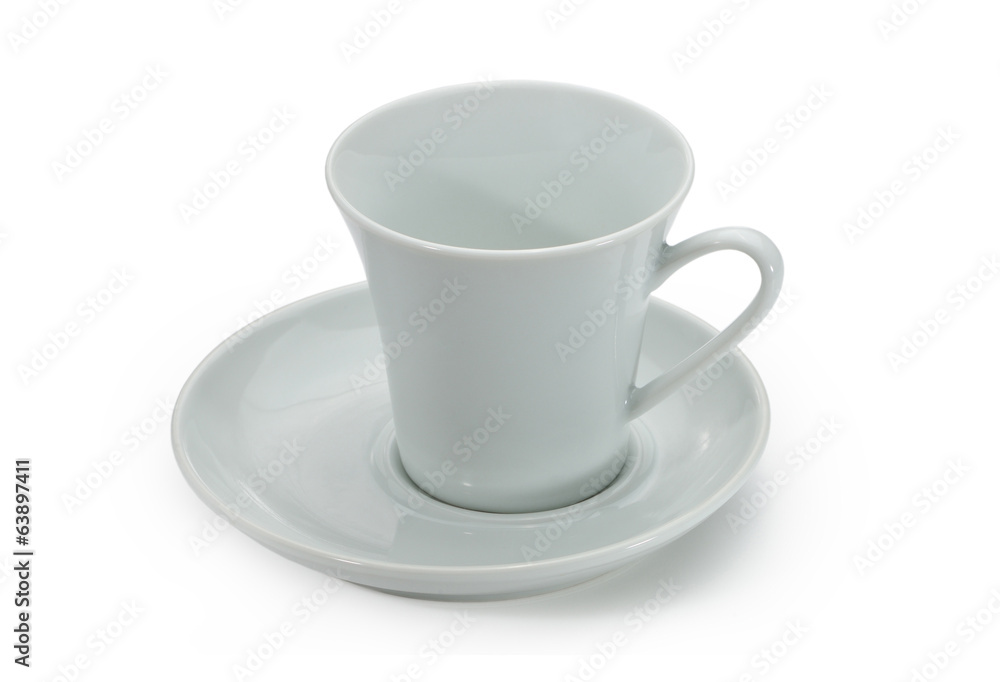 White ceramic coffee cup and white ceramic saucer. White ceramic coffee cup and white ceramic saucer.