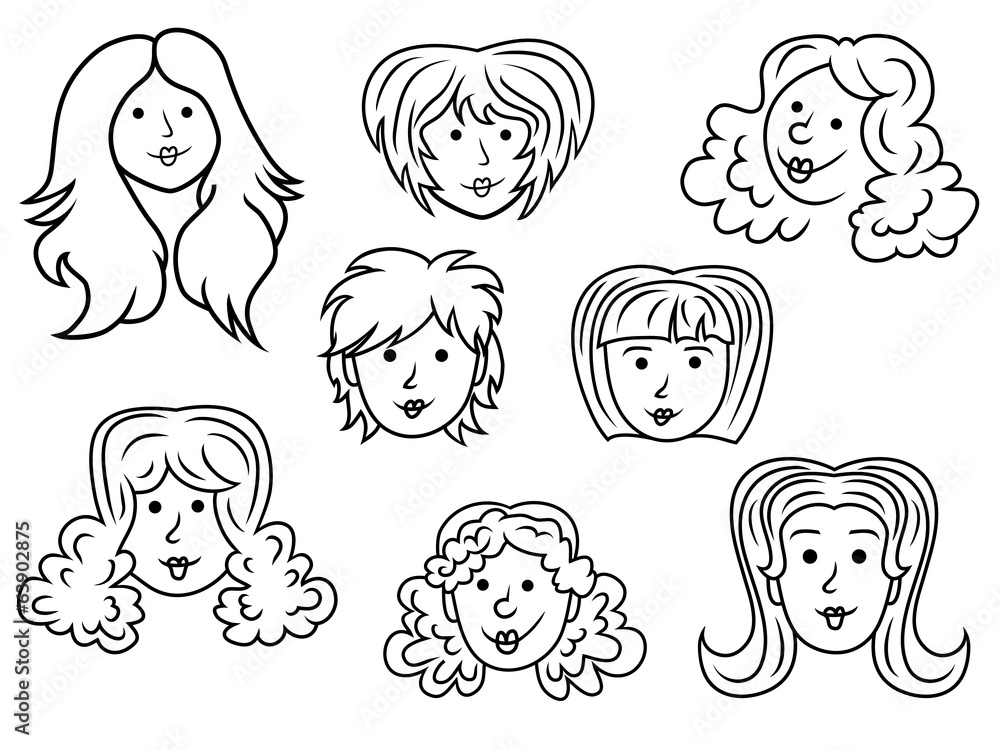 Set of eight cartoon women contour faces