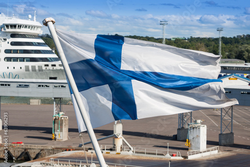 Finish Flag towards Blue sky.Finlandia.