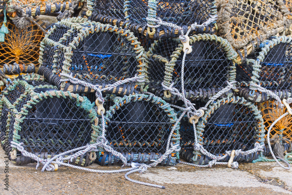 Stacked lobster pots close up