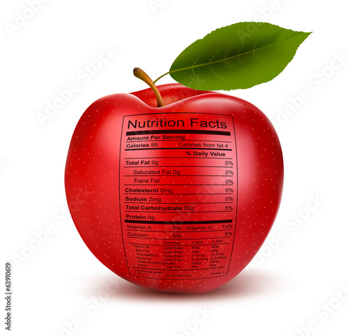 Apple with nutrition facts label. Concept of healthy food. Vecto