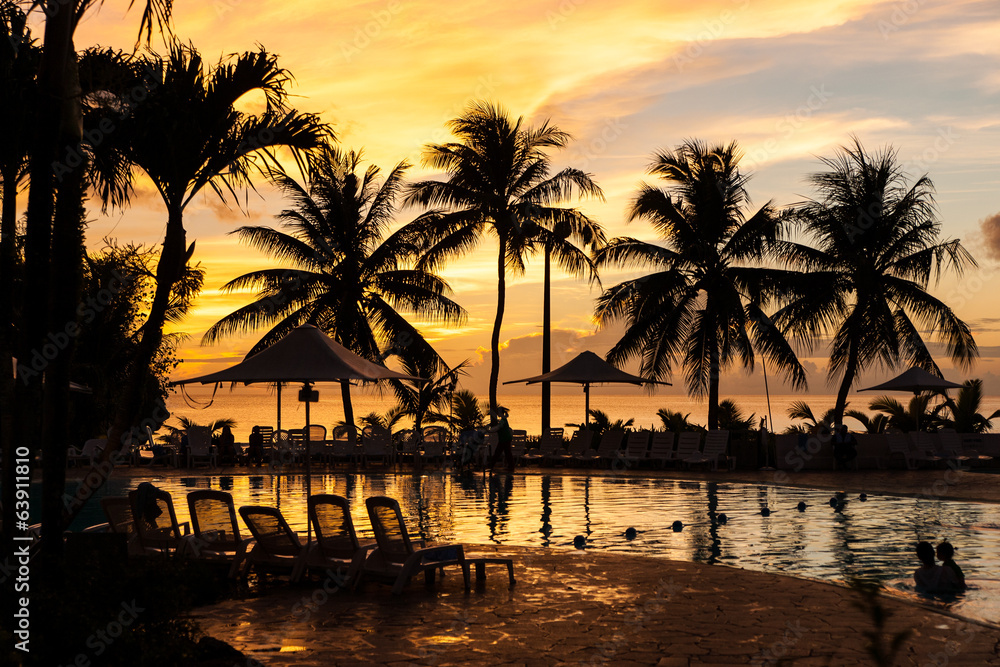 Sunset By The Pool of Pacific sea background
