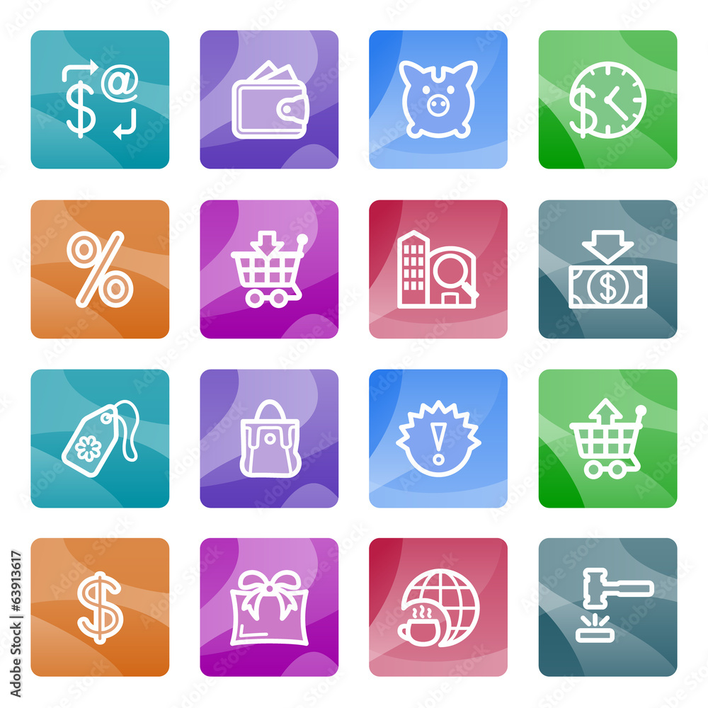 Commerce contour icons on color buttons. Commerce contour icons on color buttons.