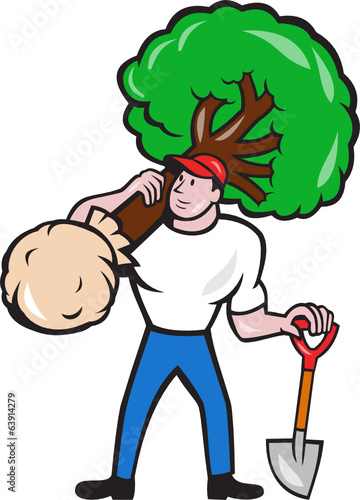 Gardener Arborist Carrying Tree Cartoon