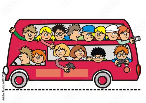 sightseeing red bus, group of people at decker, vector illustration