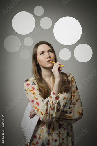 Wallpaper Mural Thinking. Girl and gray bubbles. Torontodigital.ca