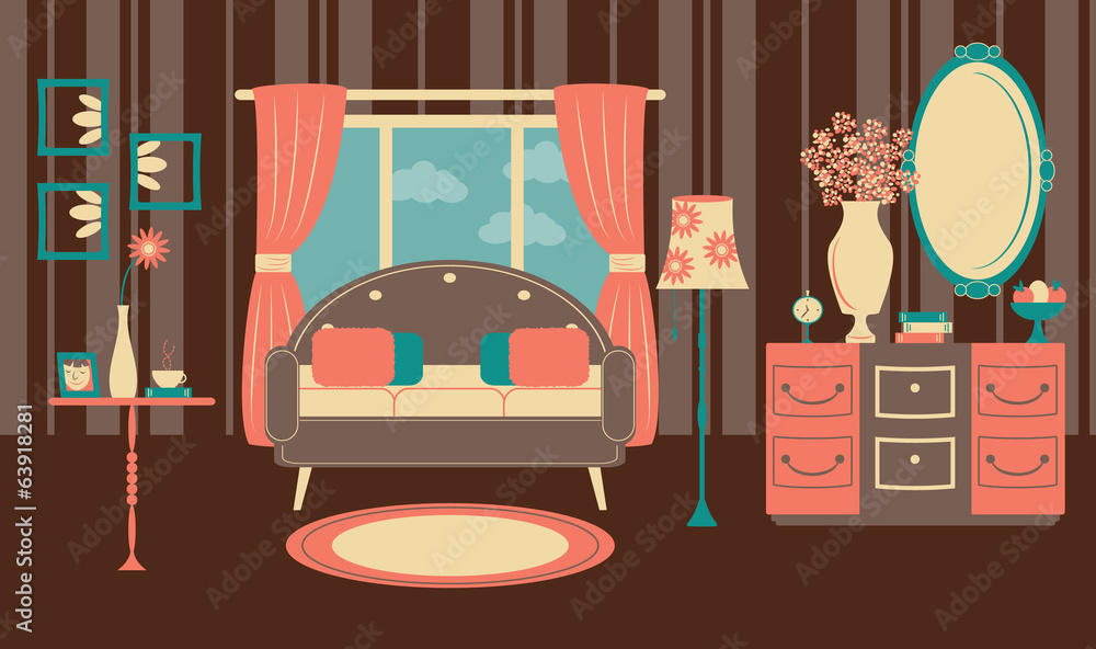 Fototapeta premium Retro living room in a flat style