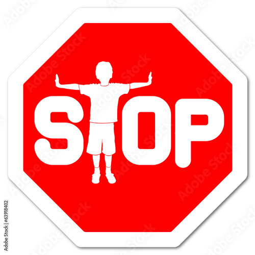 red sign stop with boy as letter t