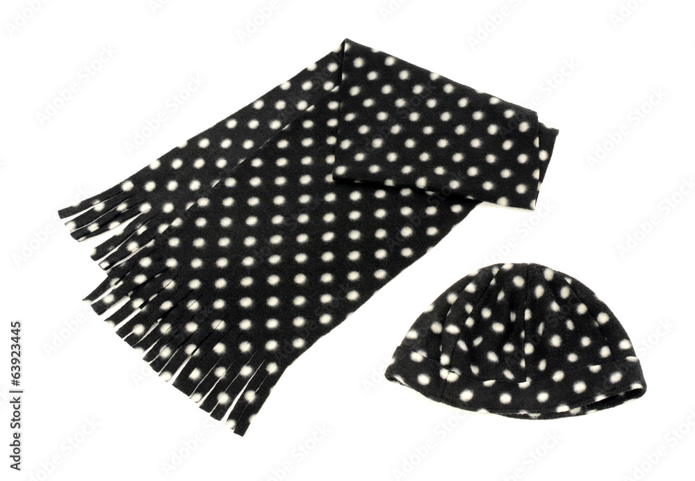 Black with white dots scarf and hat. Winter accessories isolated Black with white dots scarf and hat. Winter accessories isolated