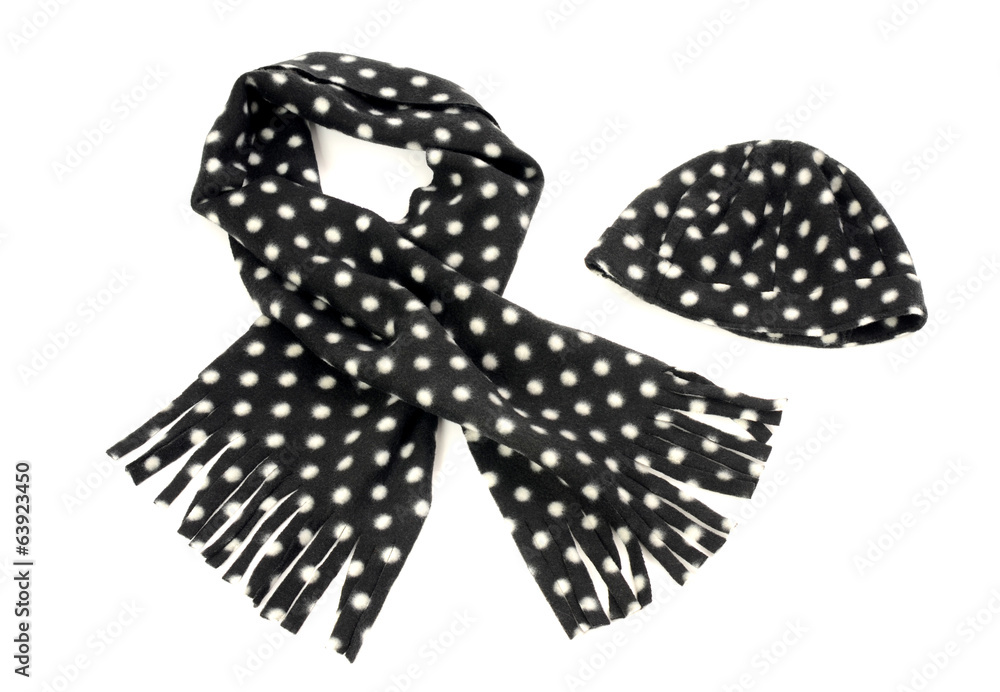 Black with white dots scarf and hat. Winter accessories isolated Black with white dots scarf and hat. Winter accessories isolated