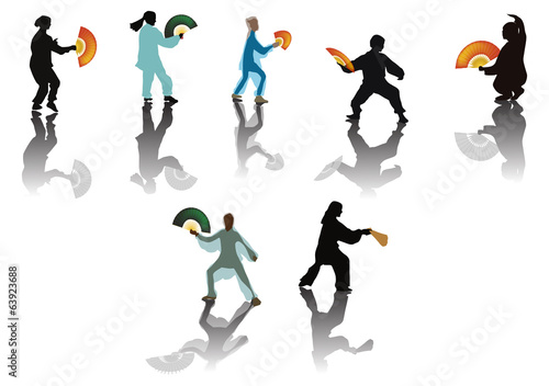 seven kung fu sportsmen with fans on white