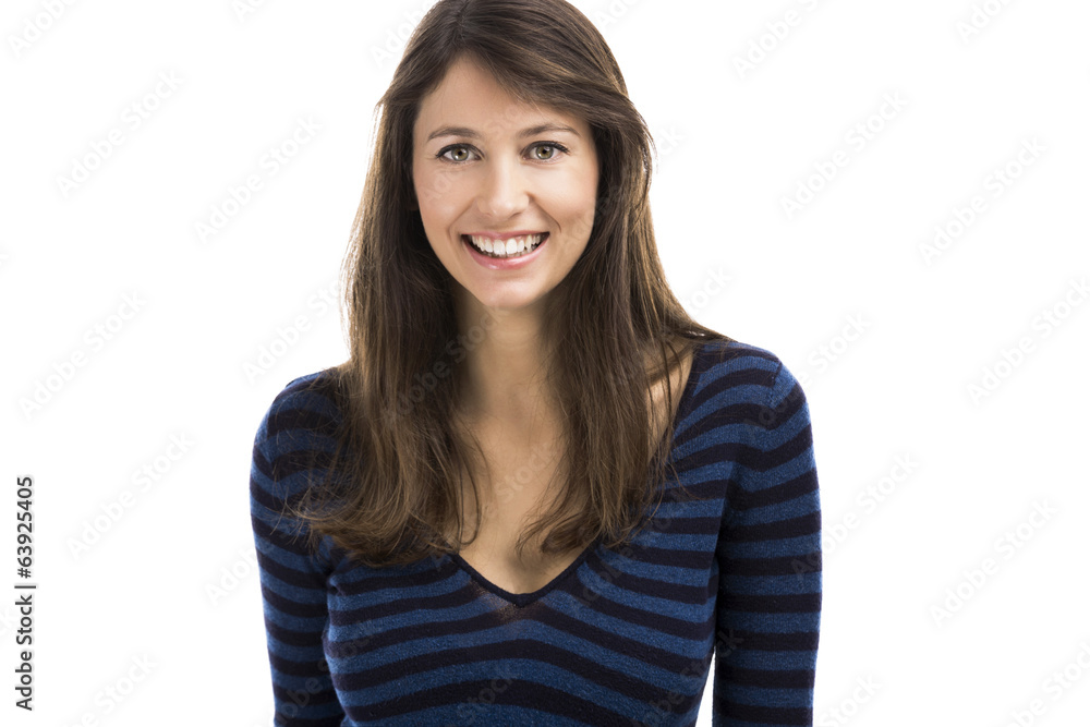 Beautiful and happy woman smiling over a white background Beautiful and happy woman smiling over a white background