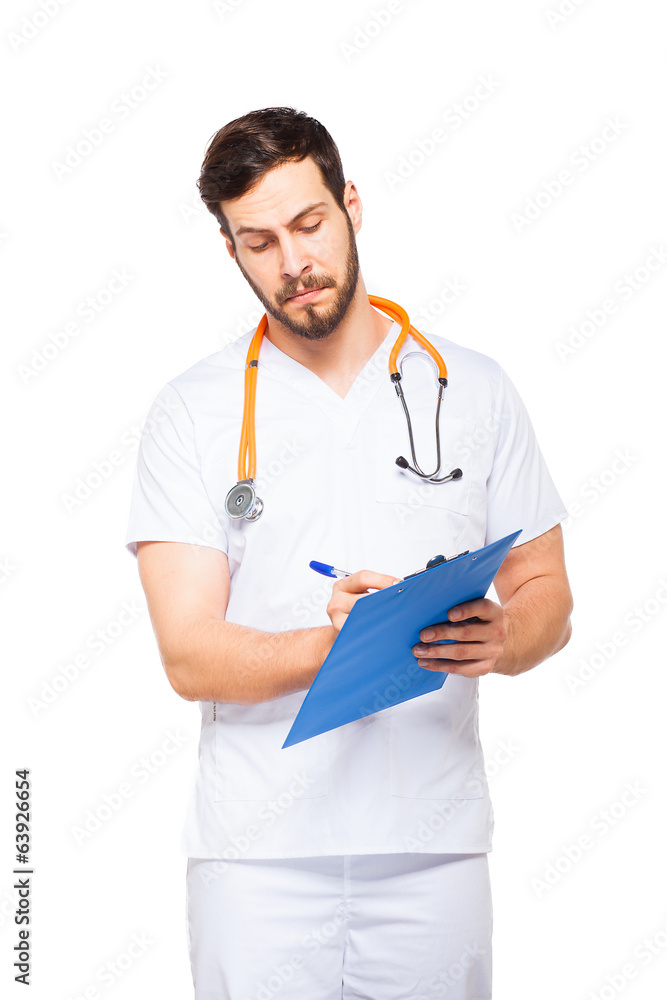 Handsome male doctor with clipboard isolated Handsome male doctor with clipboard isolated