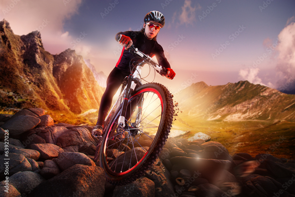 Mountain Bike cyclist riding - obrazy, fototapety, plakaty 