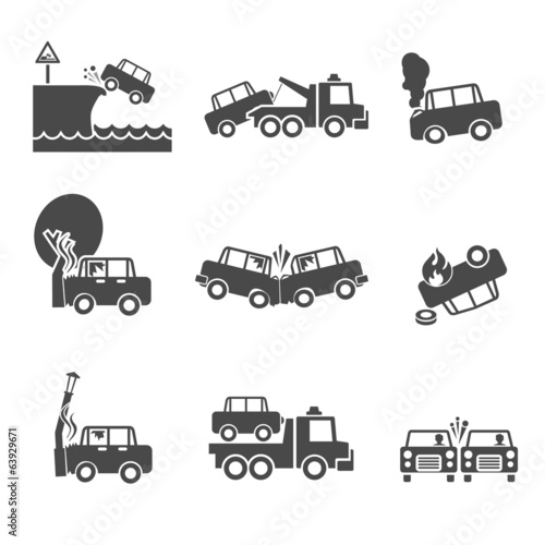 Black and white car crash icons