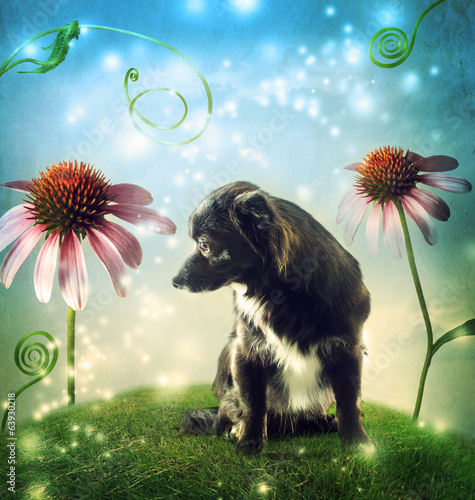 Black dog in a fantasy hilltop with echinacea flowers