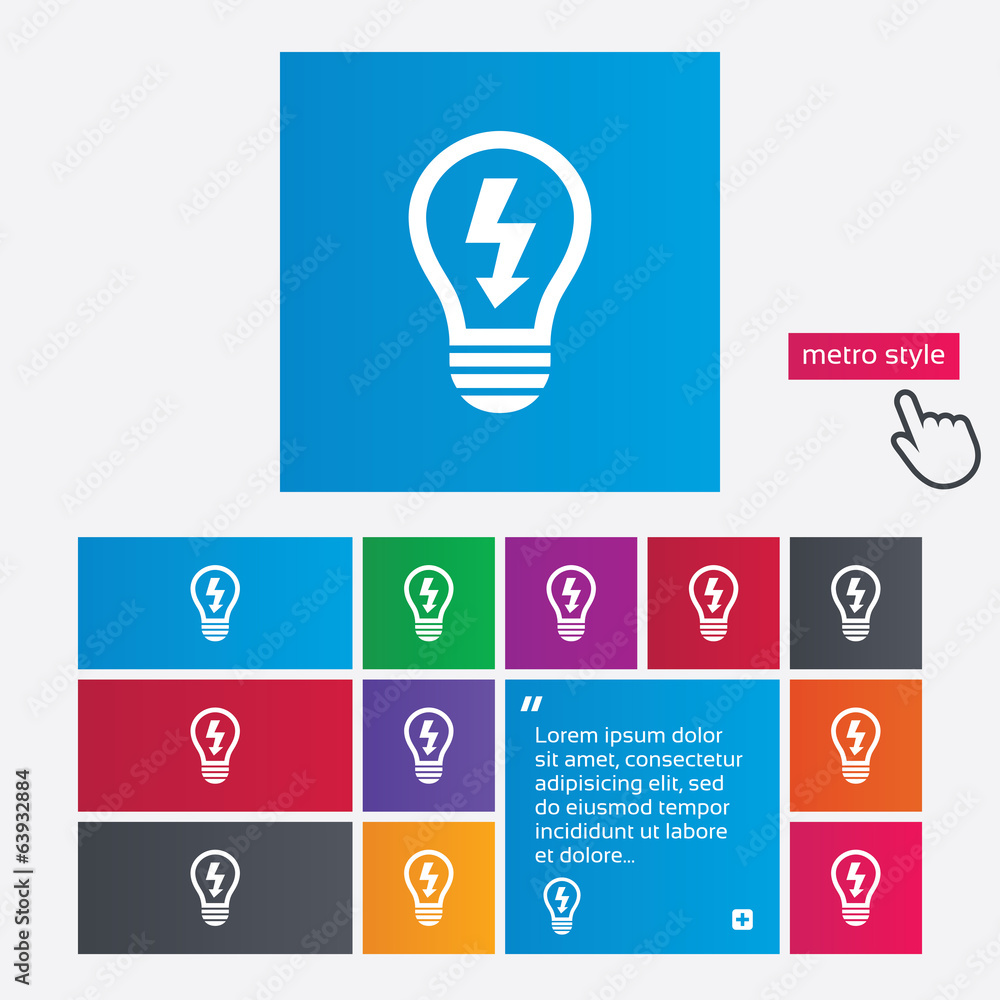 Light lamp sign icon. Bulb with lightning symbol Light lamp sign icon. Bulb with lightning symbol