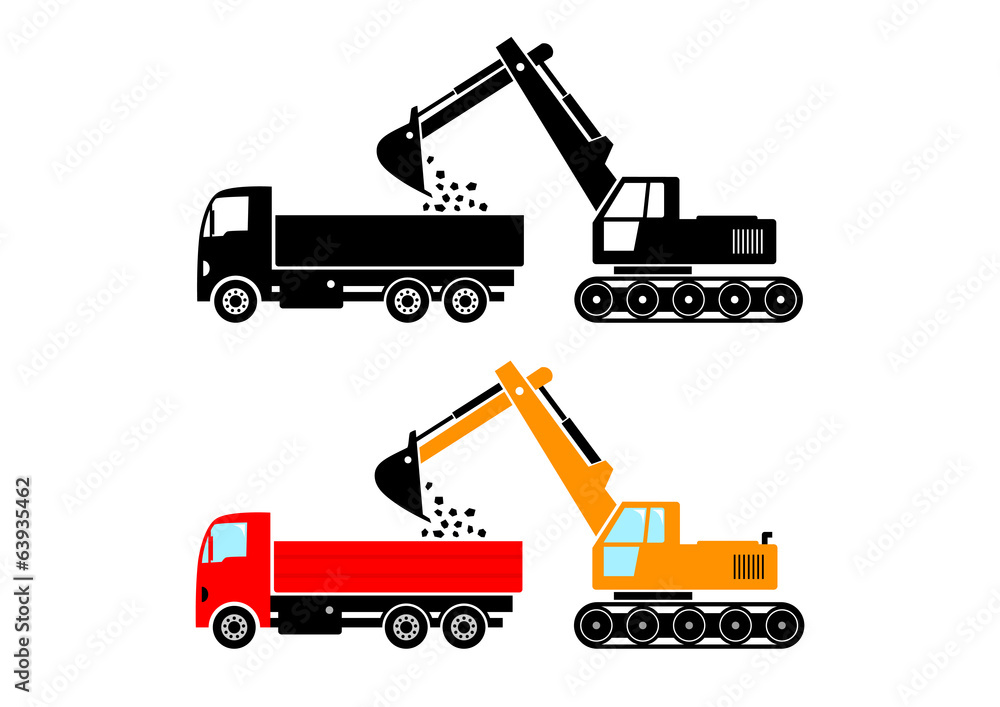 Naklejka premium Truck and excavator on white background