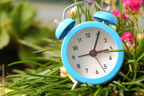 Classic alarm clock with pink flowers and grass