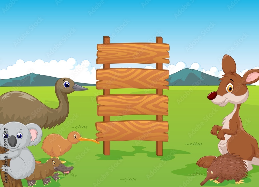Fototapeta premium Wild Australia cartoon with wooden sign