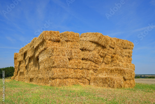Straw bales on farmland with blue sky © vencav