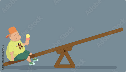 Childhood obesity. Overweight boy sitting alone on a seesaw