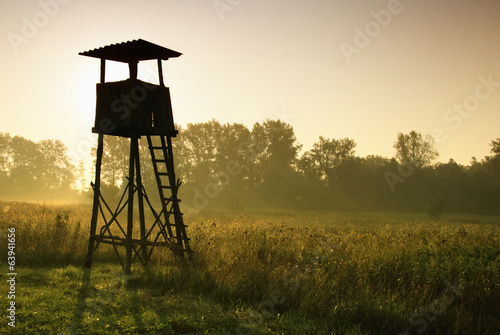 Lookout tower for hunting at dawn photo