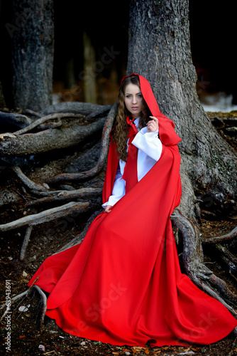 beautiful woman with red cloak posing in the woods photo