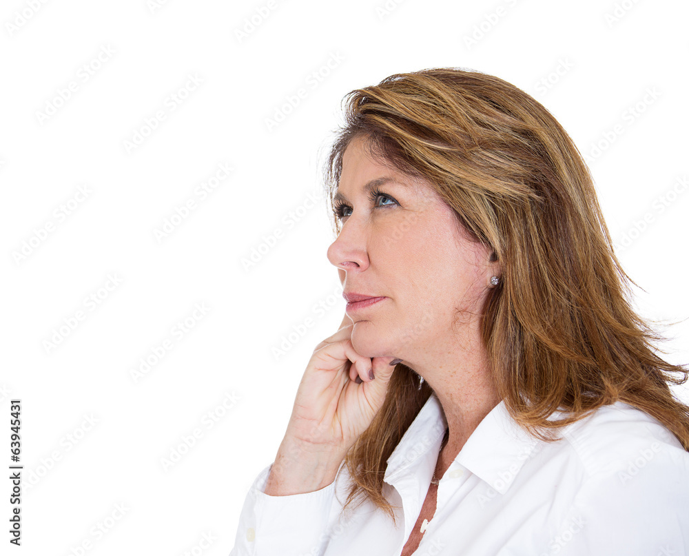 Side view portrait daydreaming lady looking up, white background Side view portrait daydreaming lady looking up, white background