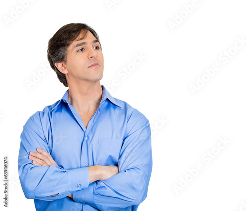 Snobby man plays offended guy, avoiding eye contact 