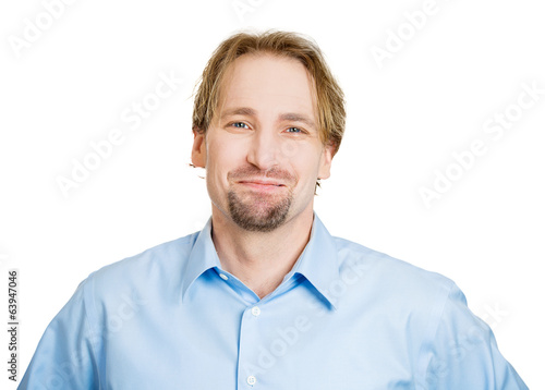 Headshot smiling confident handsome man, white background 