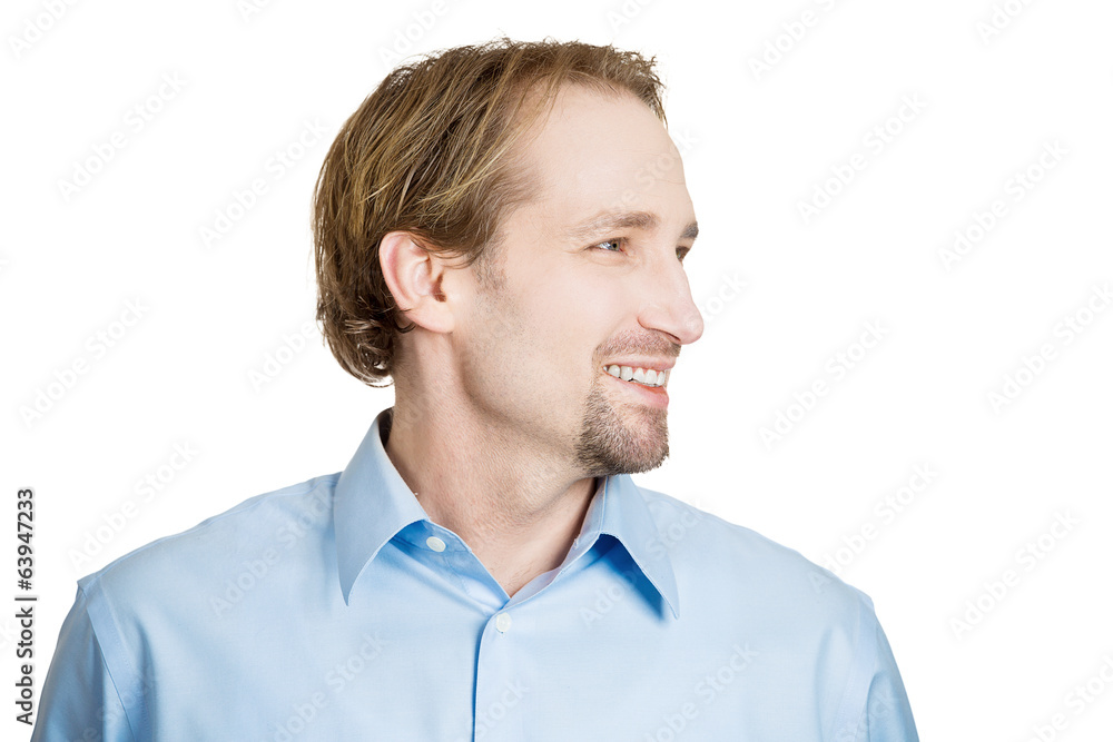 Headshot, Side view profile portrait smiling young man Headshot, Side view profile portrait smiling young man