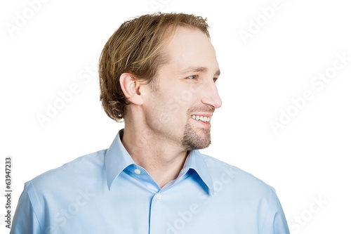 Headshot, Side view profile portrait smiling young man