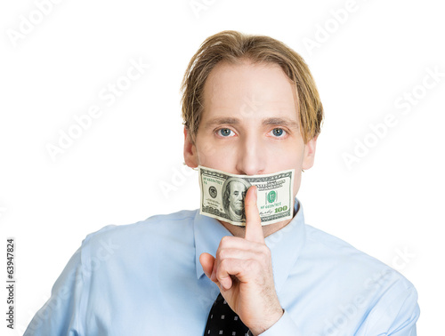 Bilde på lerret Bribes. Business man with hundred dollar bill over his mouth