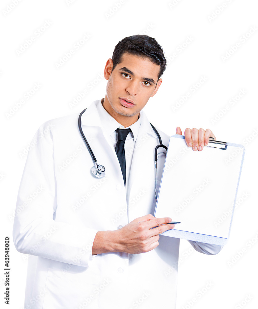 Confident male doctor with stethoscope and patient chart Confident male doctor with stethoscope and patient chart