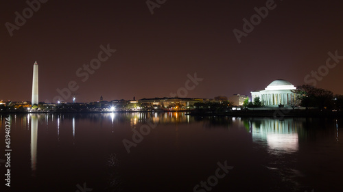 Washington DC landmarks at night with reflections