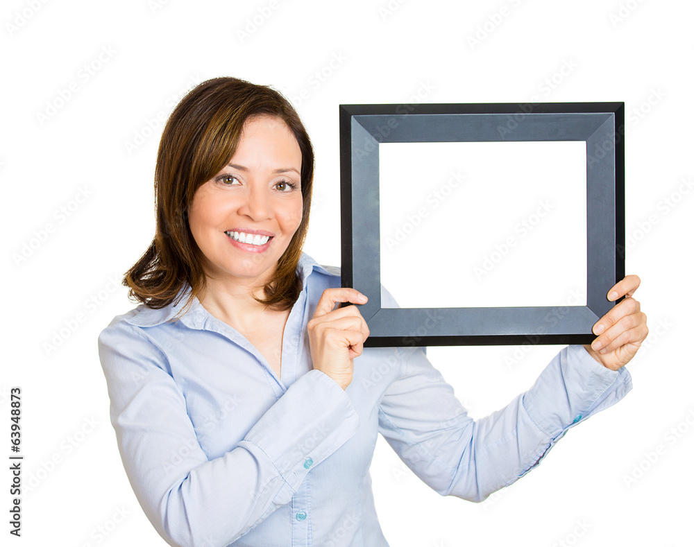 Frame advertising. Woman with picture frame on white background Frame advertising. Woman with picture frame on white background