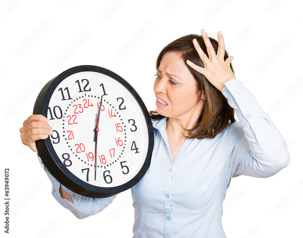 Running out of time. Stressed corporate employee holding clock Running out of time. Stressed corporate employee holding clock