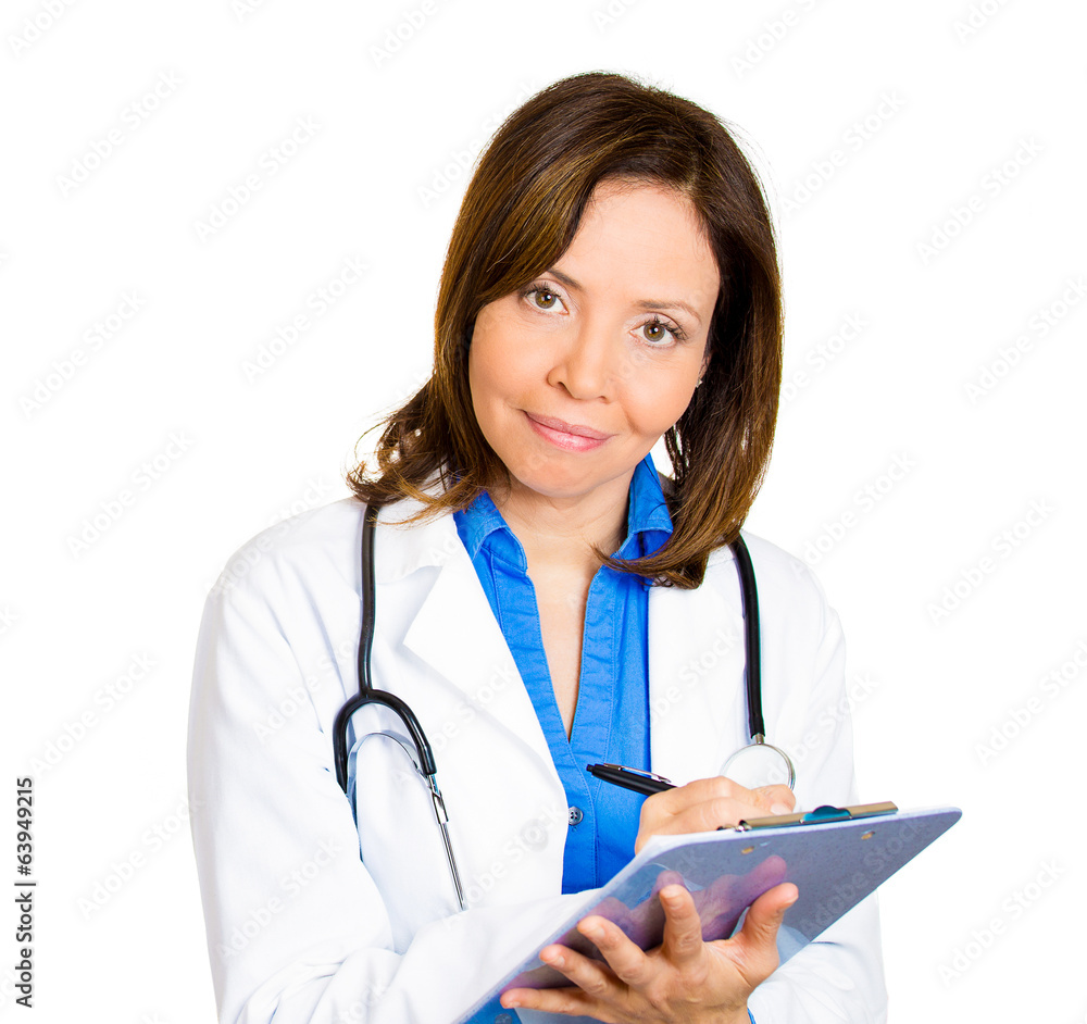 Portrait female Doctor, nurse writing on pad, white background Portrait female Doctor, nurse writing on pad, white background