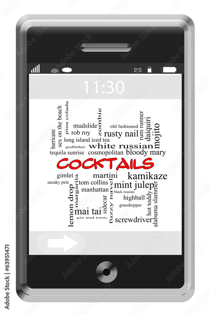 Cocktails Word Cloud Concept on a Touchscreen Phone Cocktails Word Cloud Concept on a Touchscreen Phone