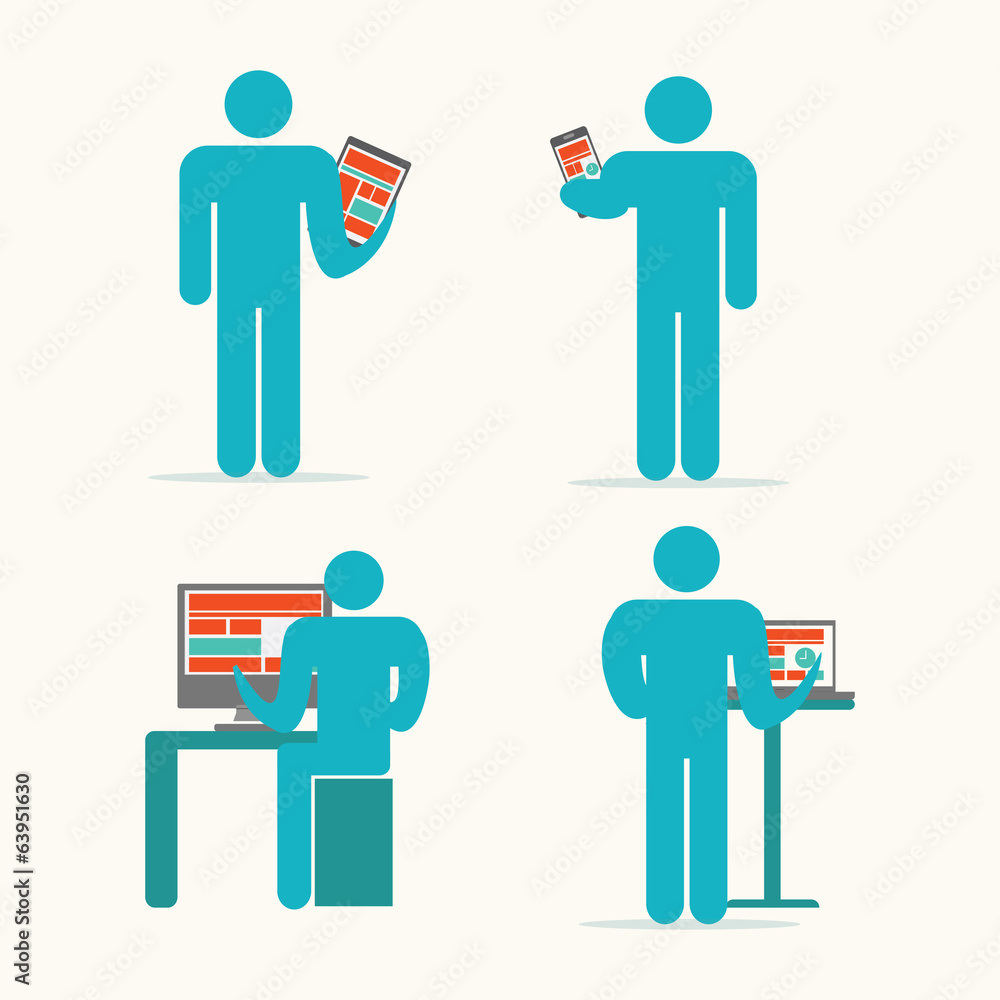 Business man working on devices. Vector illustration Business man working on devices. Vector illustration