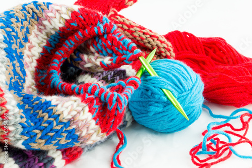 knitting needles and balls of threads