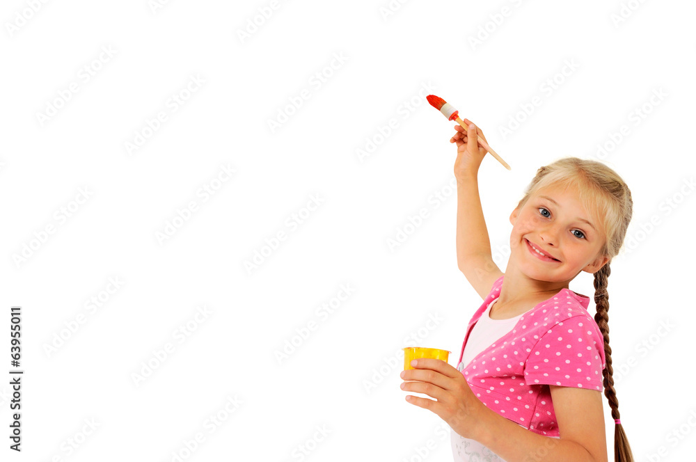 Girl with paintbrush writing on screen whiteboard isolated Girl with paintbrush writing on screen whiteboard isolated