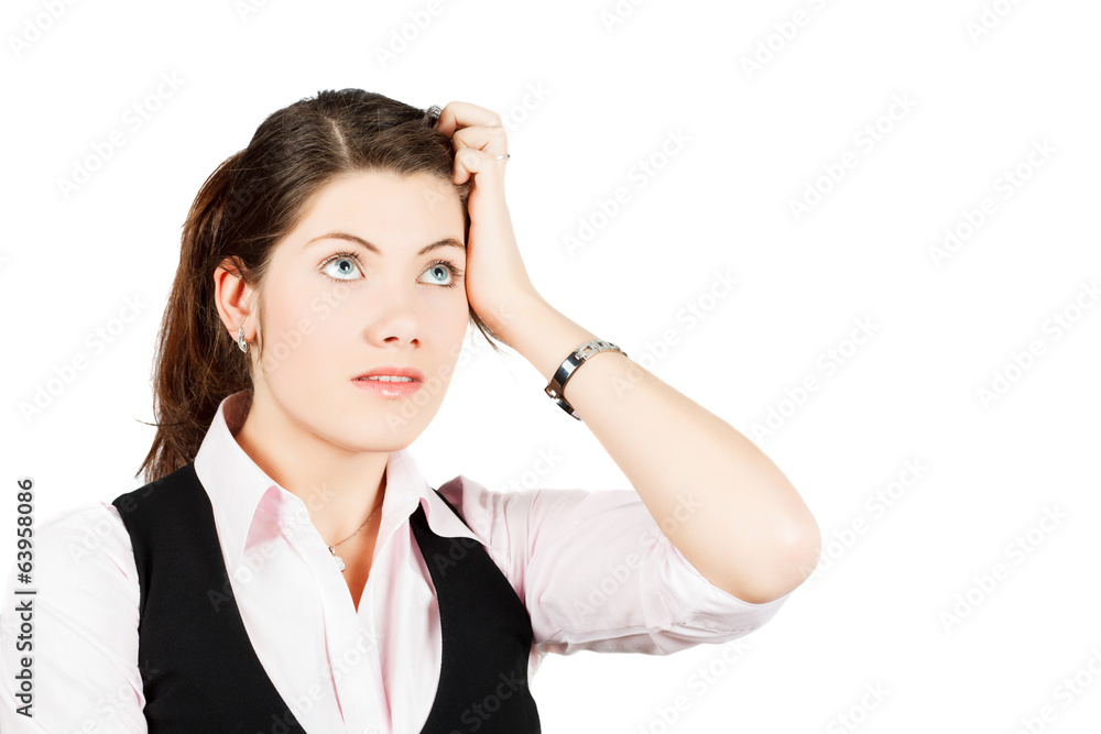 a business woman thinks above the decision of problem a business woman thinks above the decision of problem